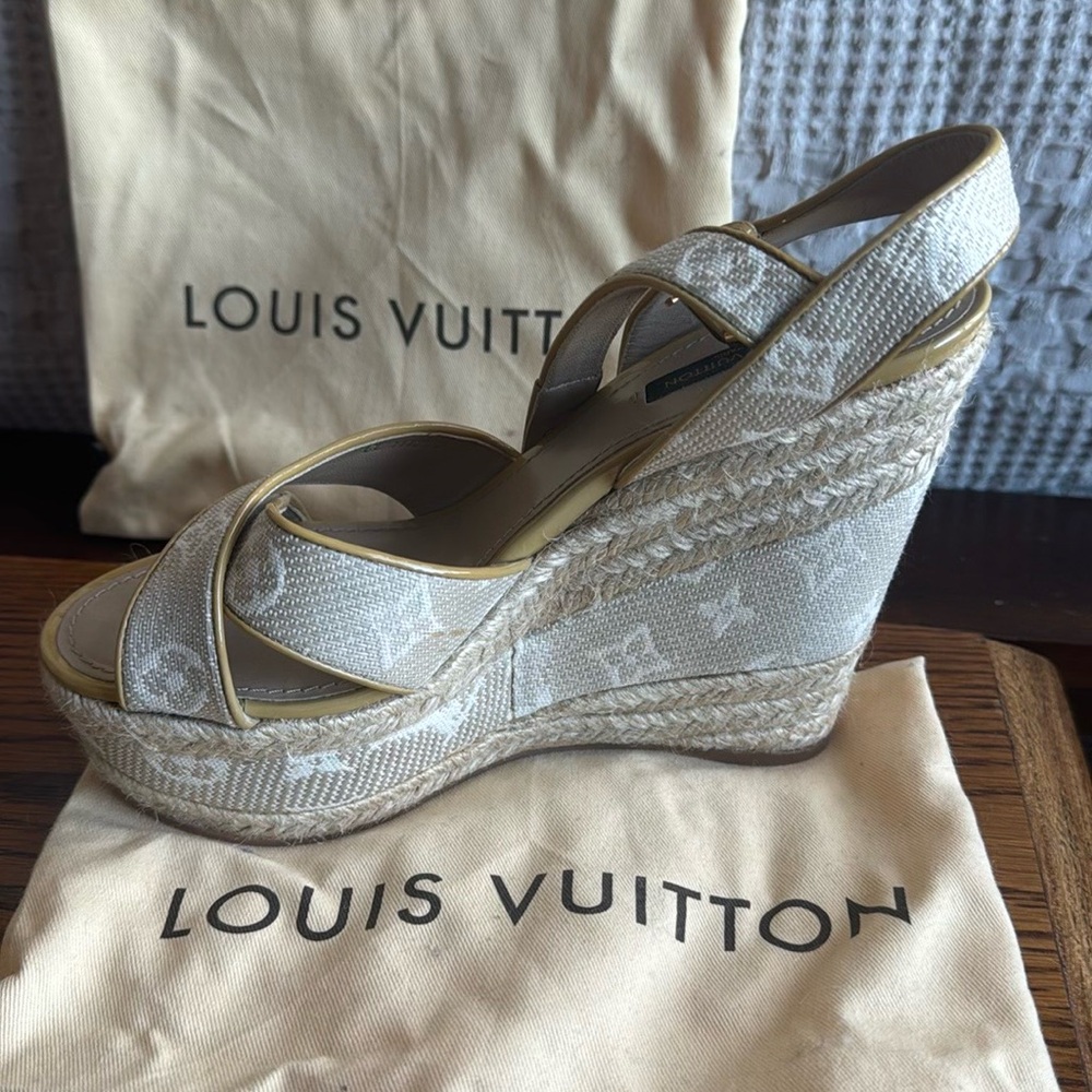 Louis Vuitton Formentera Espadrille Wedge Platform Ankle-Strap Sandals Beige